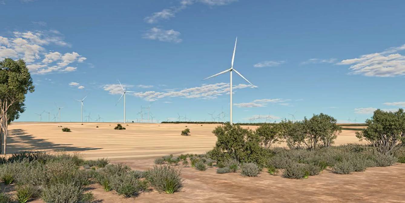 An artist's impression of the proposed wind turbines in a field with blue skies.