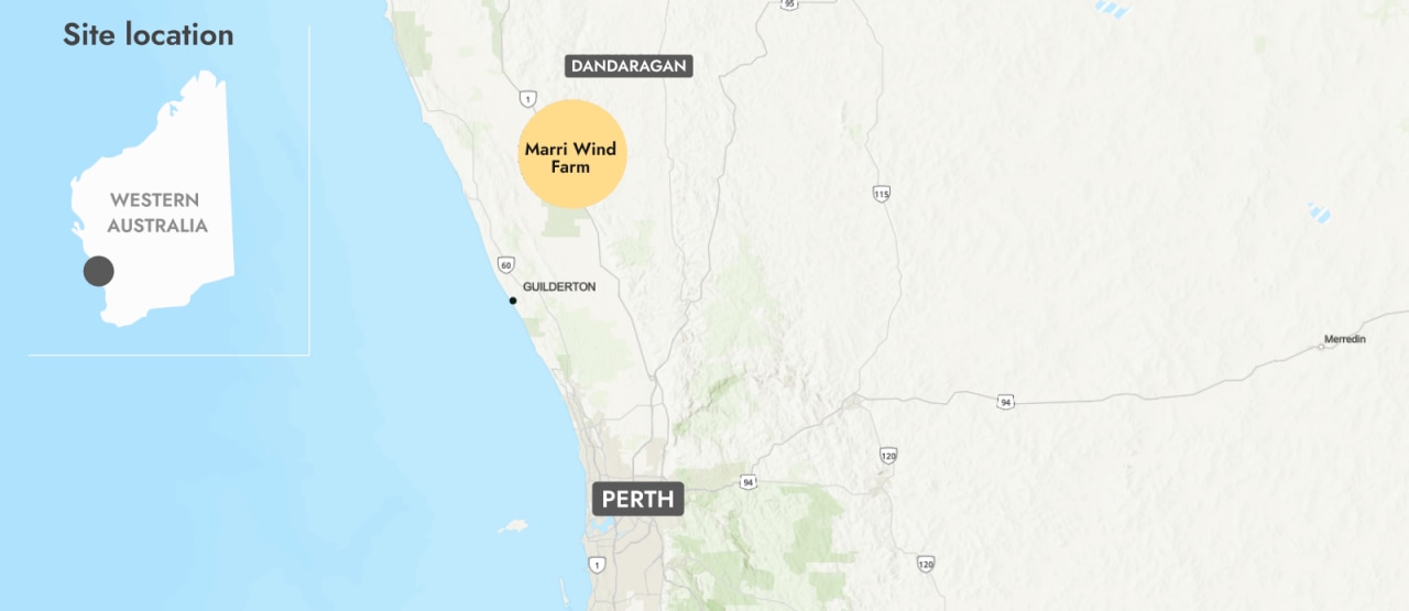 A map of the west coast of Western Australia highlighting the potential project area for Marri Wind Farm